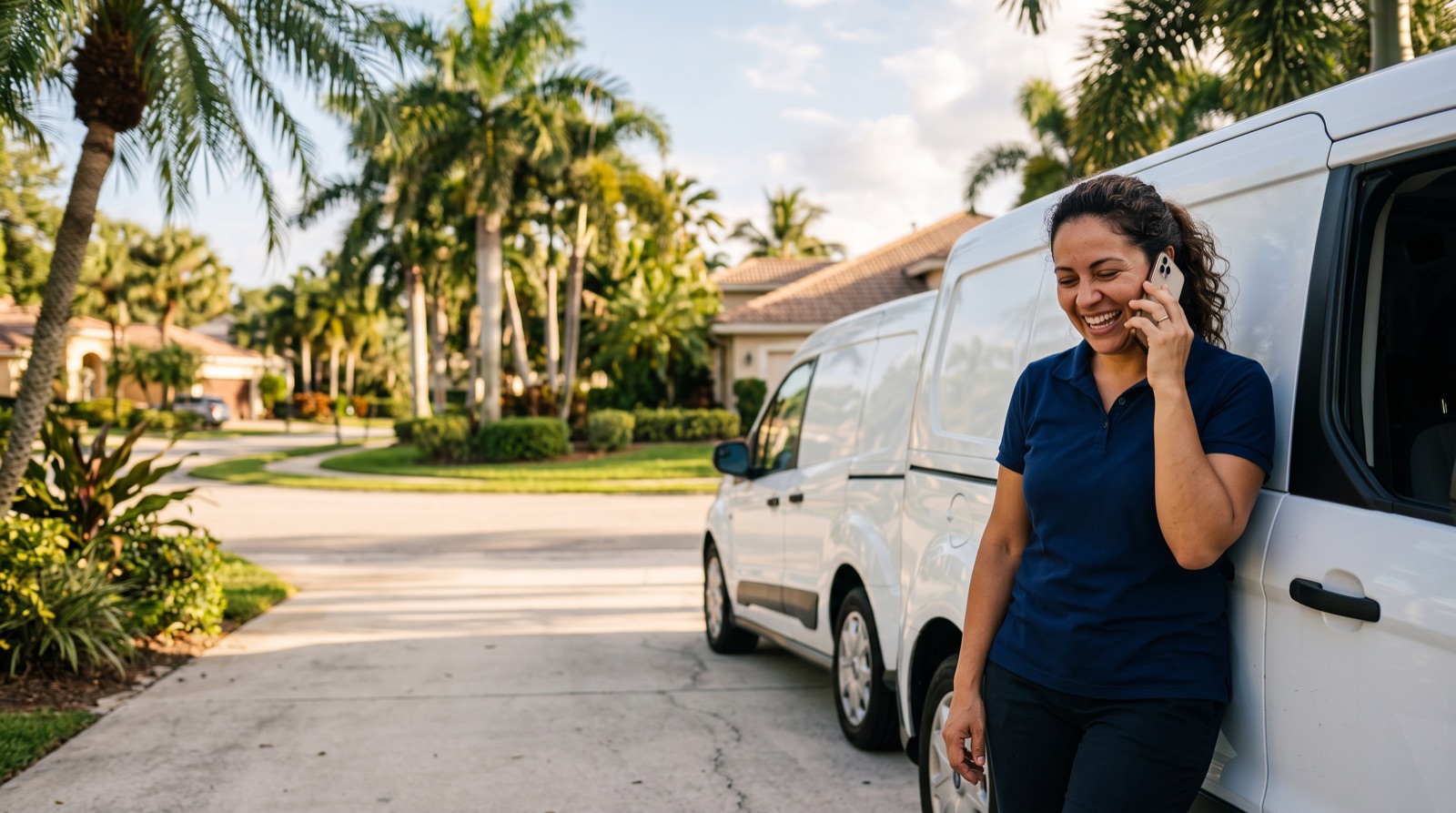 Empresária brasileira em Orlando conversando pelo celular ao lado da van da empresa